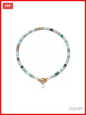 Handmade Beaded Gemstone Pearl Toggle Clasp Choker Necklace